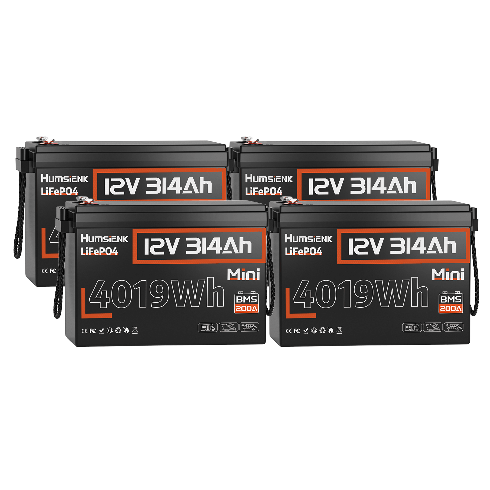 4 Pcs Humsienk 12V 314Ah Mini LiFePO4 Lithium Batteries with 200A BMS