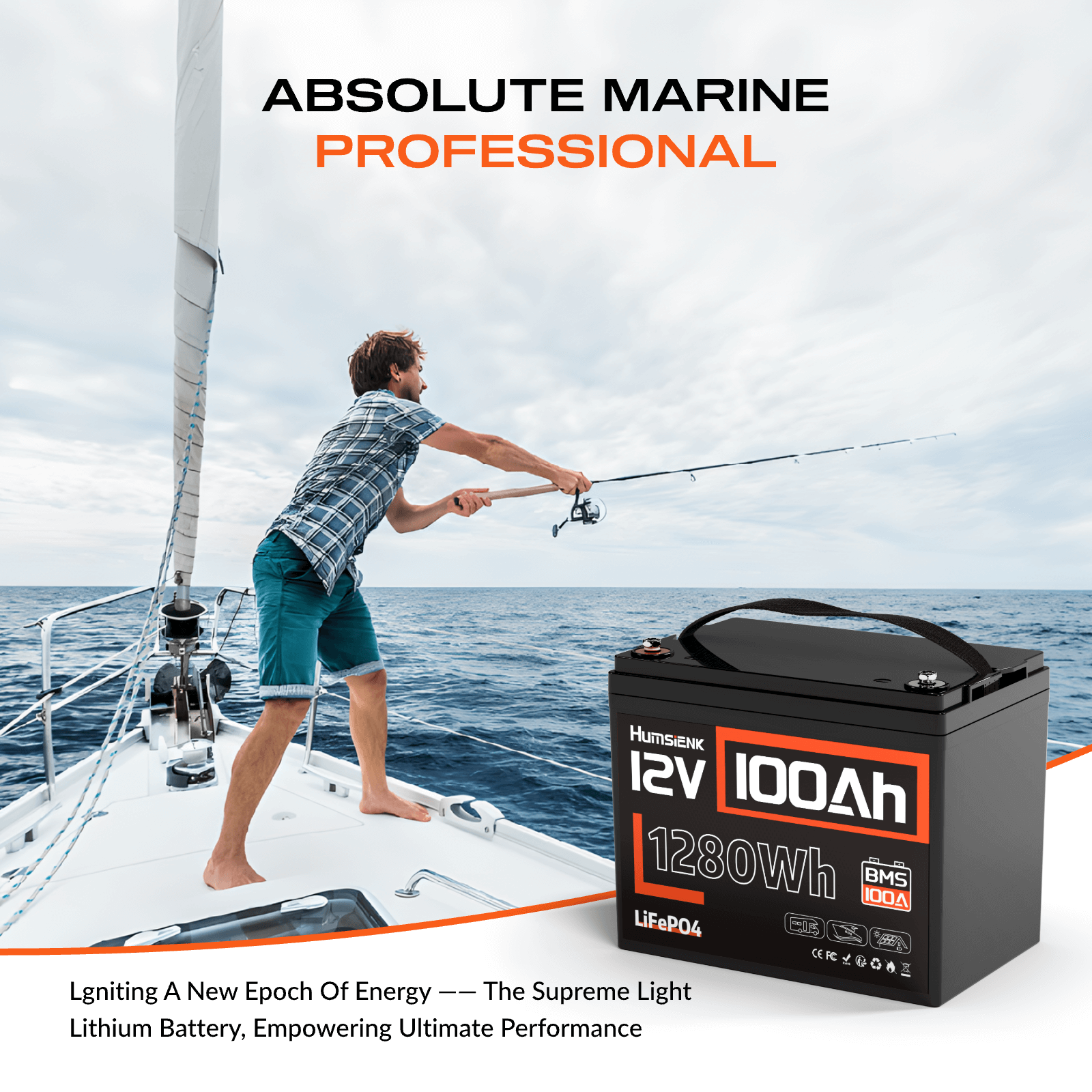 Humsienk 12V 100Ah LiFePO4 Lithium Battery ideal for marine application