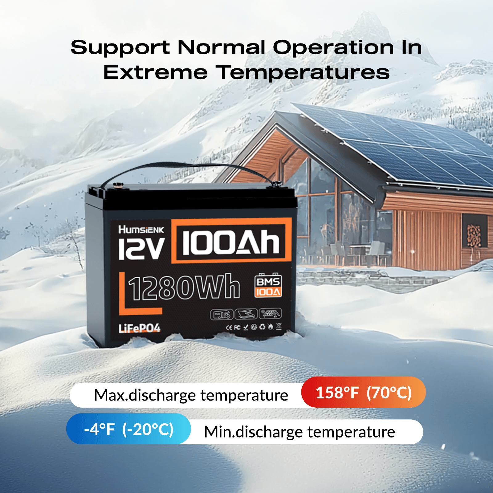 Humsienk 12V 100Ah LiFePO4 Lithium Battery with wide working temperature