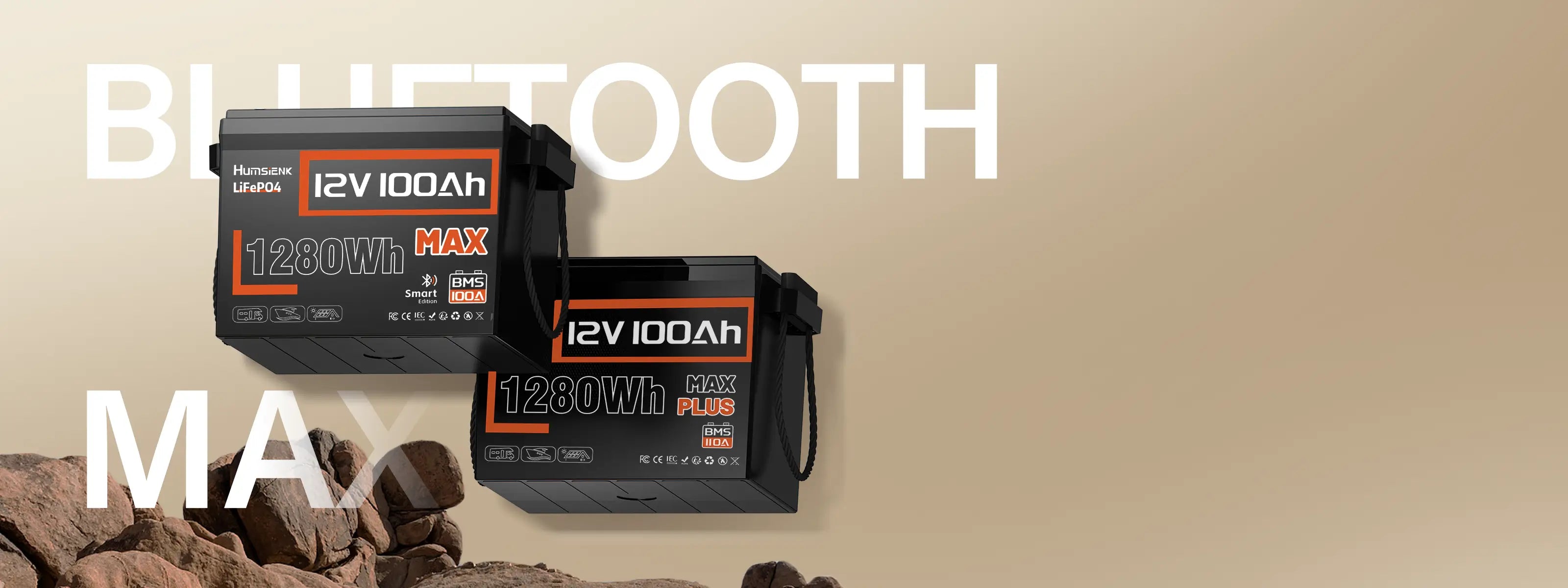 Humsienk 12V 100Ah Max LiFePO4 Bluetooth Battery and 12V 100Ah Max Plus Deep Cycle LiFePO4 Battery