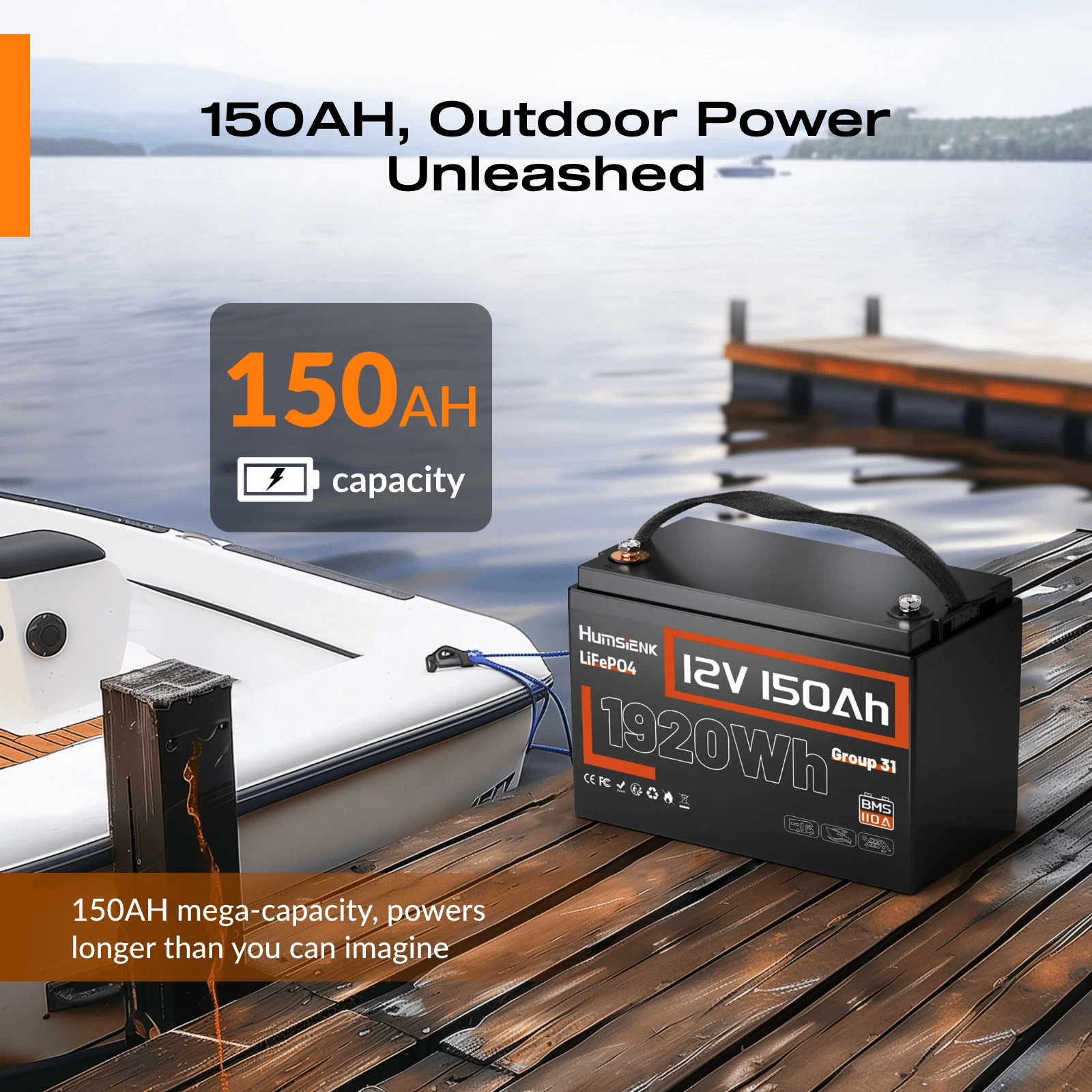 Humsienk 12V 150Ah LiFePO4 Battery Outdoor Power Unlesshed