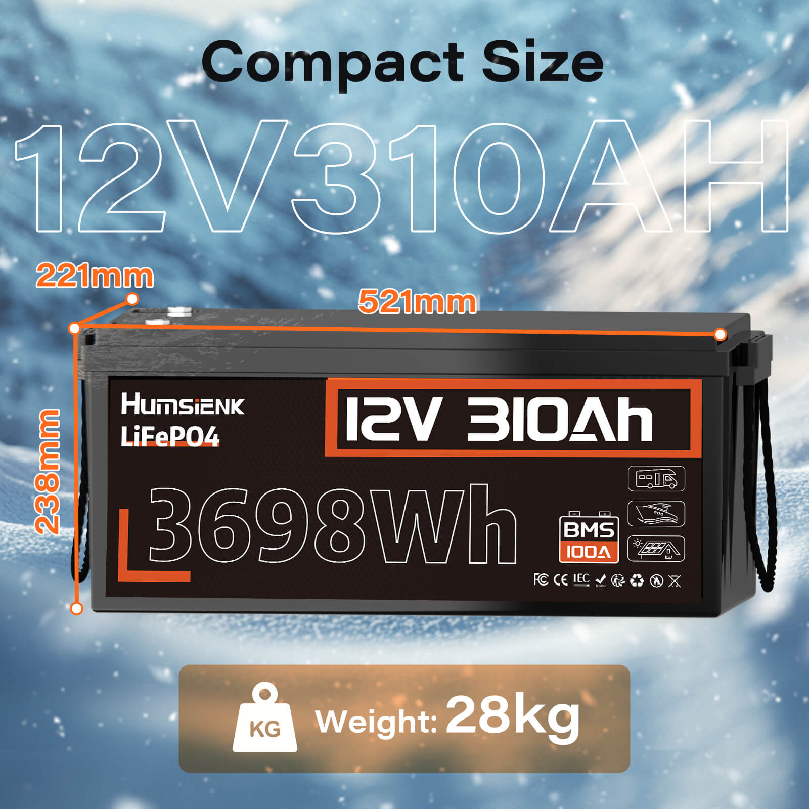 Humsienk 12V 310Ah LiFePO4 Battery 100A Compact Size