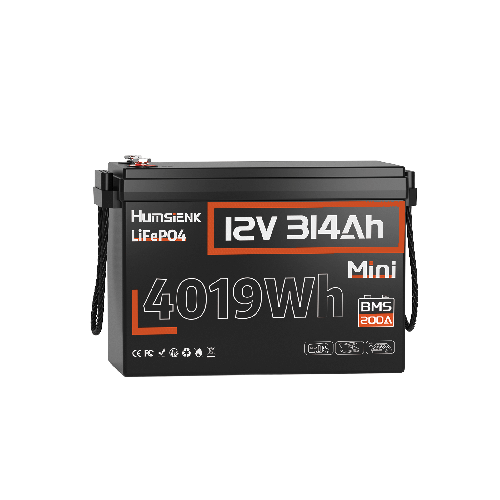 Humsienk 12V 314Ah Mini LiFePO4 Lithium Battery with 200A BMS