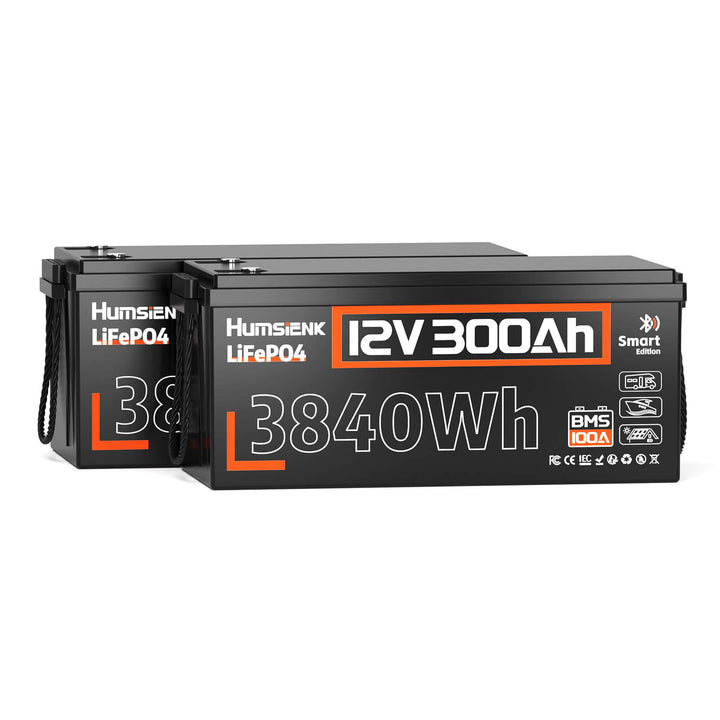 2 units Humsienk 12V 300Ah LiFePO4 Bluetooth Battery 100A BMS