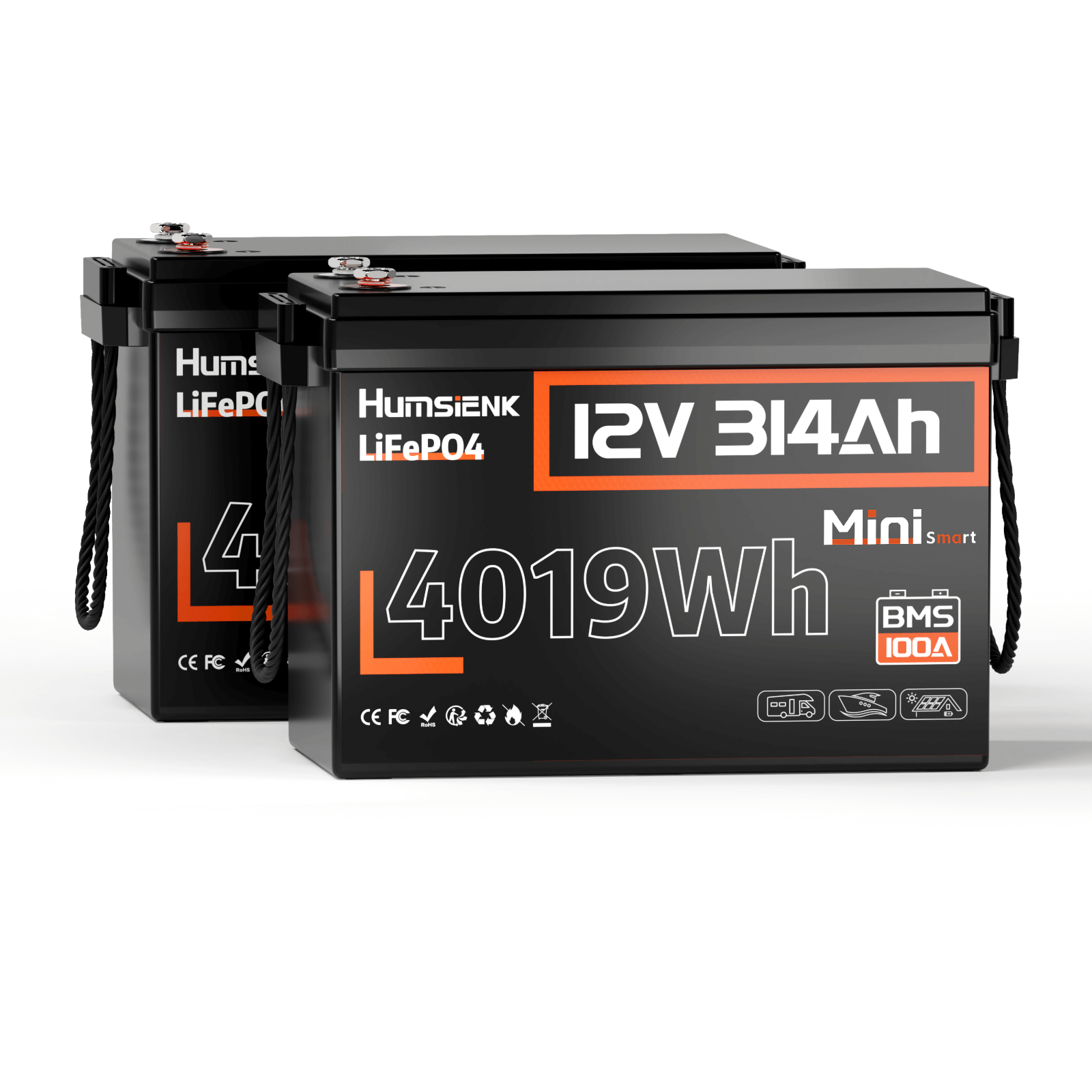 2 units Humsienk 12V 314Ah Mini LiFePO4 Battery (100A BMS & Bluetooth)