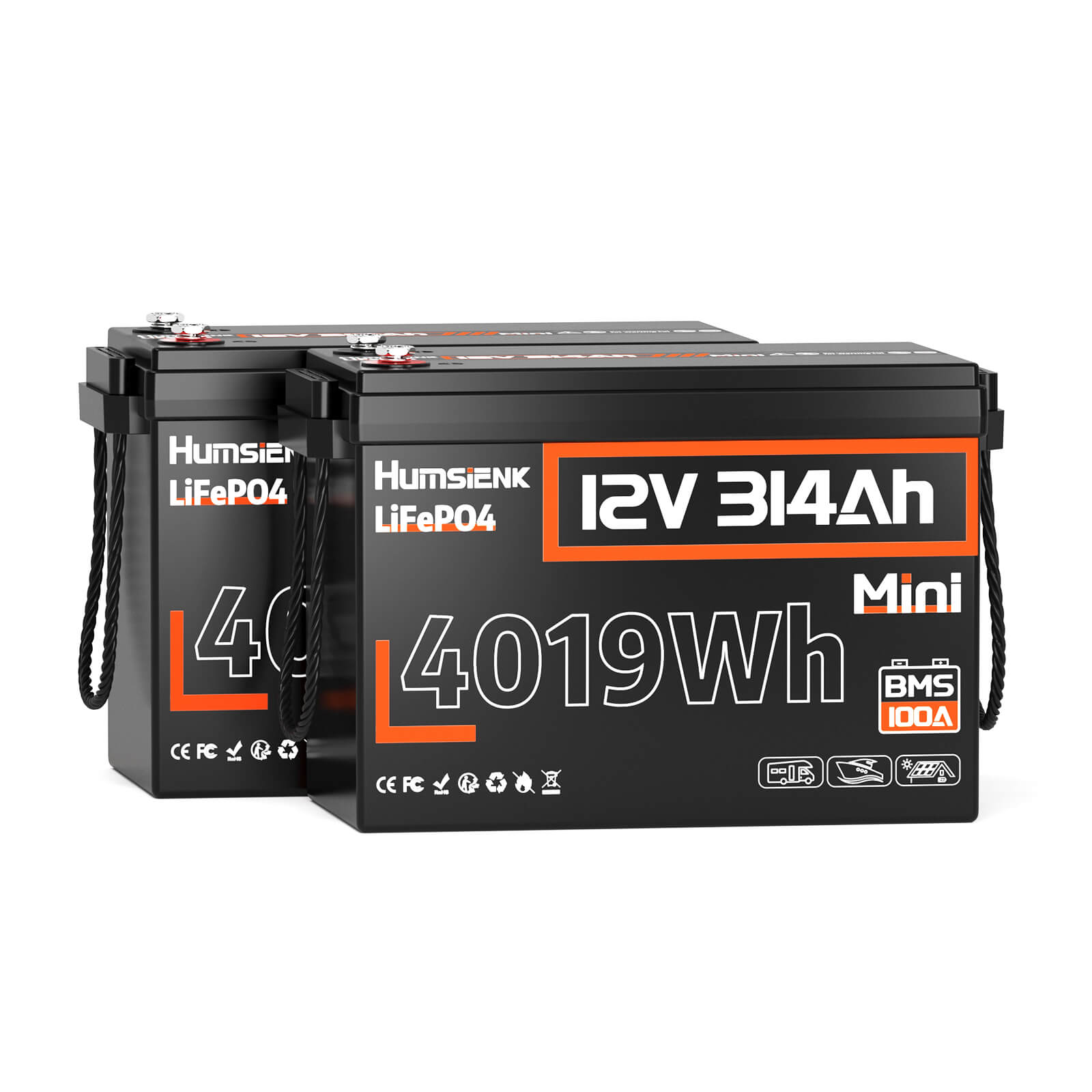 2 units Humsienk 12V 314Ah Mini LiFePO4 Lithium Battery 100A BMS