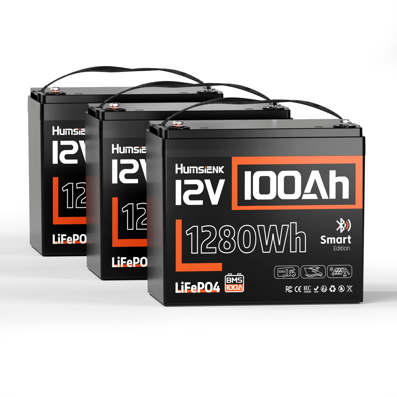 3 units Humsienk 12V 100Ah Bluetooth LiFePO4 Battery Group 24