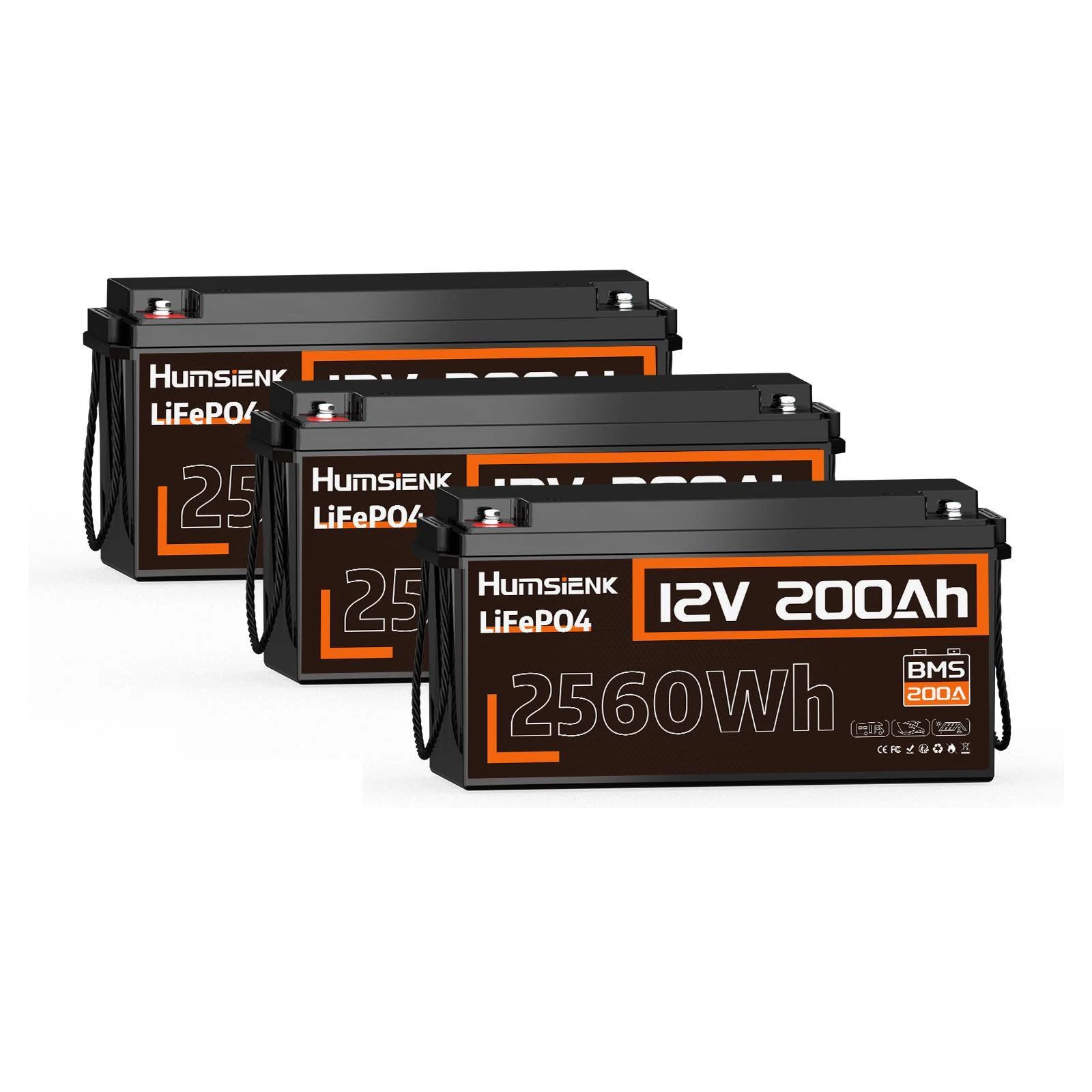 3 units Humsienk 12V 200Ah LiFePO4 Battery