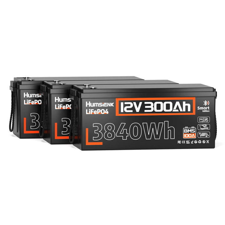 3 units Humsienk 12V 300Ah LiFePO4 Bluetooth Battery 100A BMS