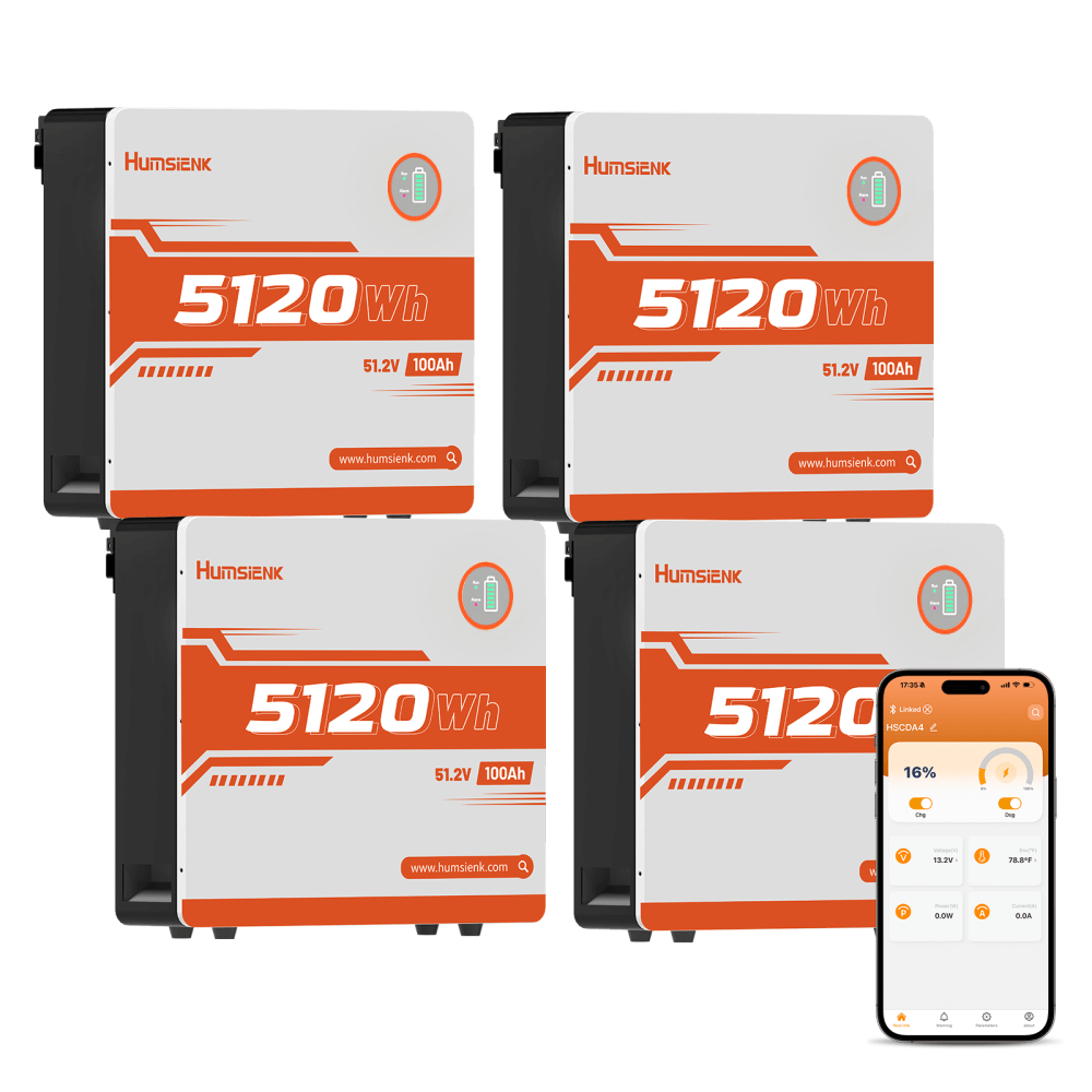 4 Pcs Humsienk 51,2V 100Ah LiFePO4 Solar Battery, 5kWh Wall-Mounted Home Battery Storage