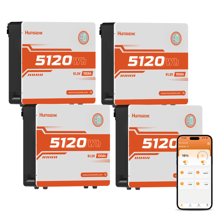 4 Pcs Humsienk 51,2V 100Ah LiFePO4 Solar Battery, 5kWh Wall-Mounted Home Battery Storage