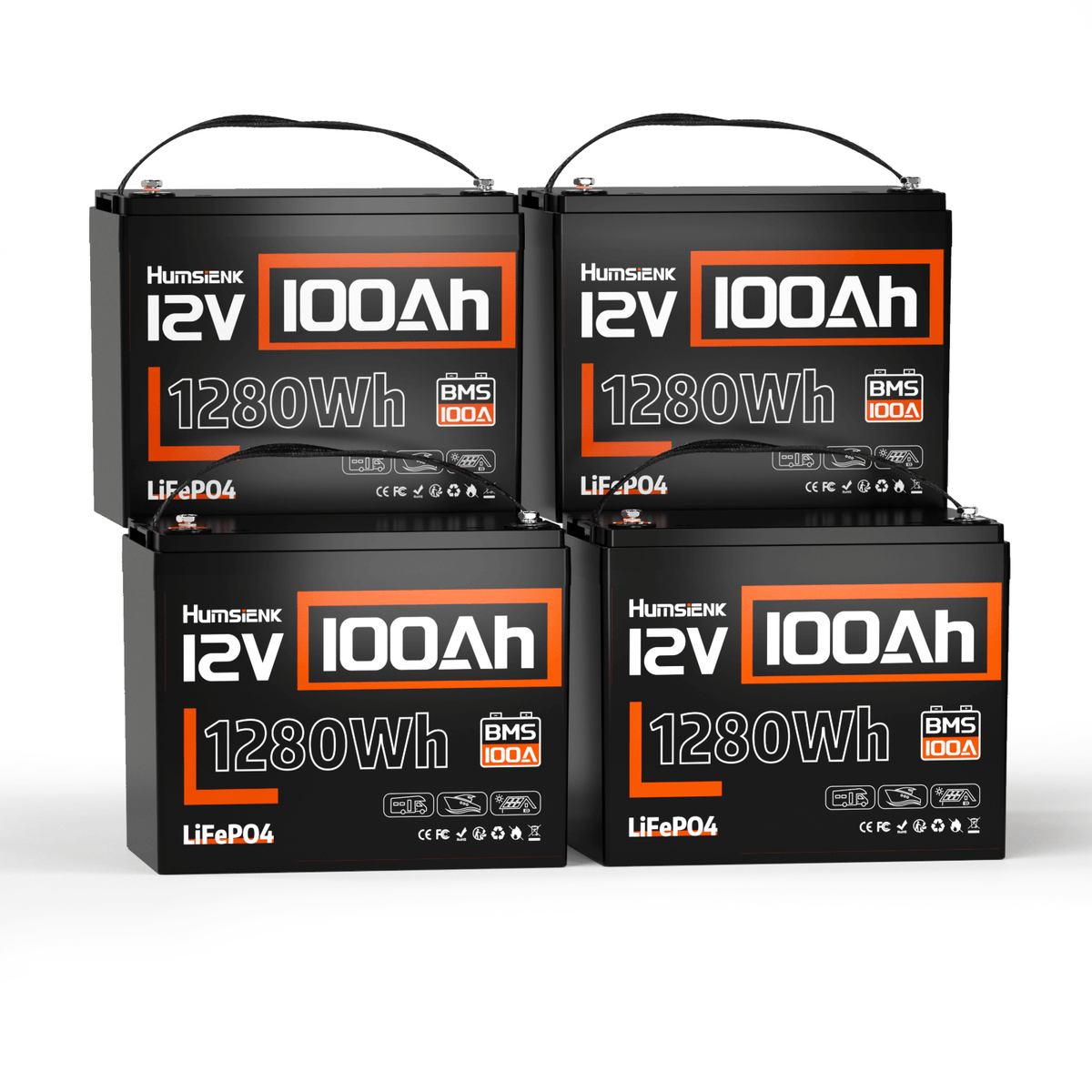 4 pcs Humsienk 12V 100Ah LiFePO4 Lithium Batteries