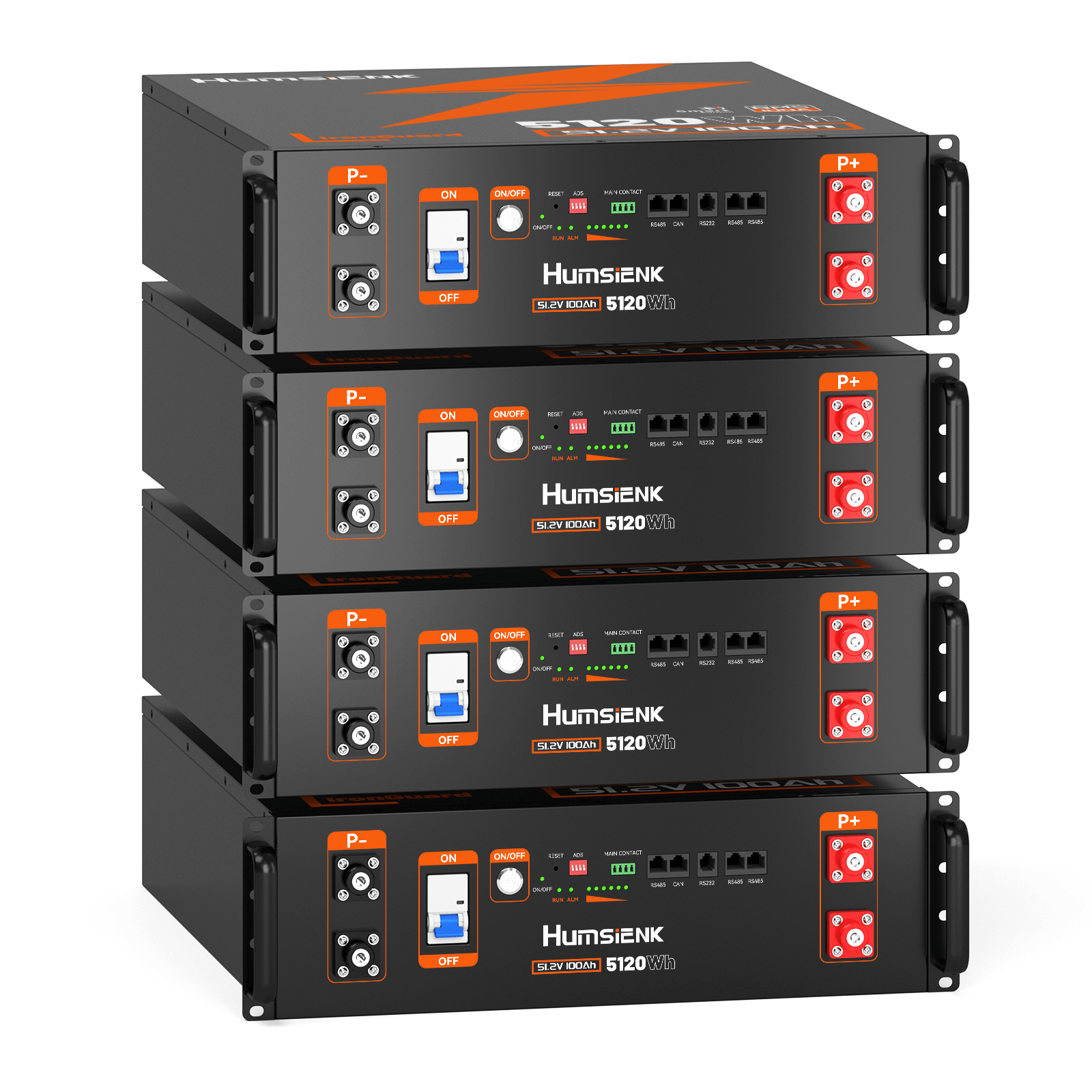 4 pcs Humsienk 51.2V 100Ah LiFePO4 Server Rack Battery, 3U Chassis size & 5.12kWh Home Backup Power​