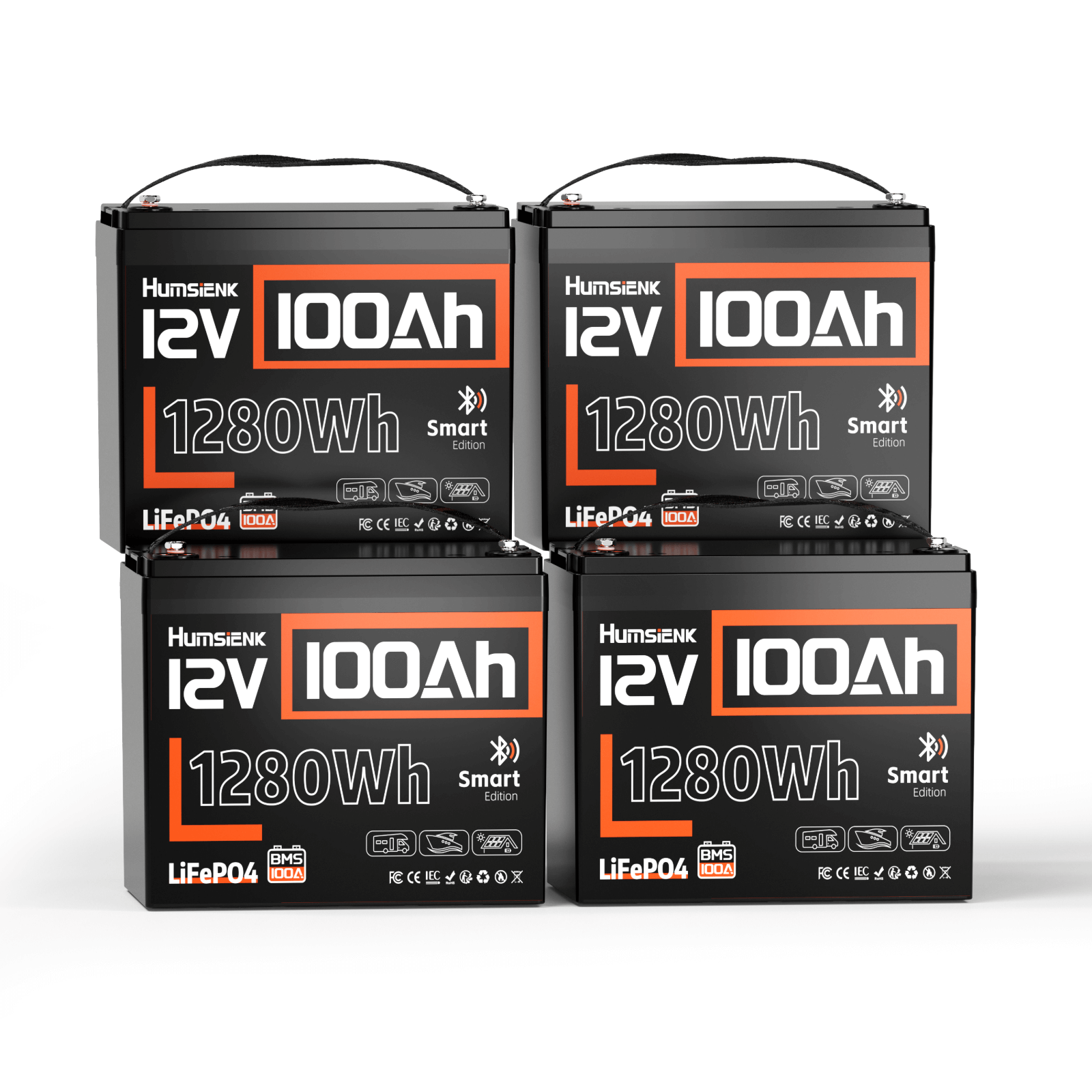 4 units Humsienk 12V 100Ah Bluetooth LiFePO4 Battery Group 24