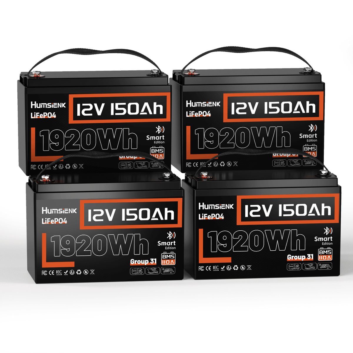4 units Humsienk 12V 150Ah LiFePO4 Bluetooth Battery 110 BMS
