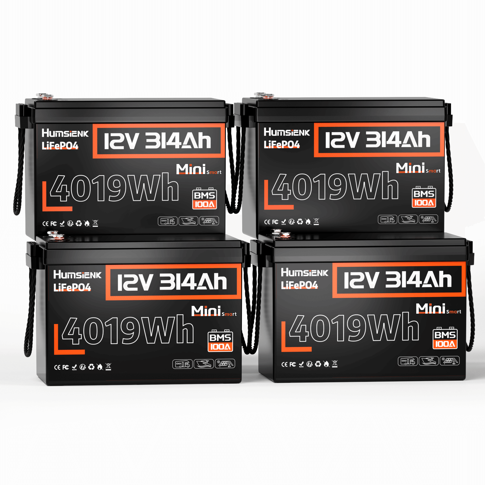 4 units Humsienk 12V 314Ah Mini LiFePO4 Battery (100A BMS & Bluetooth)