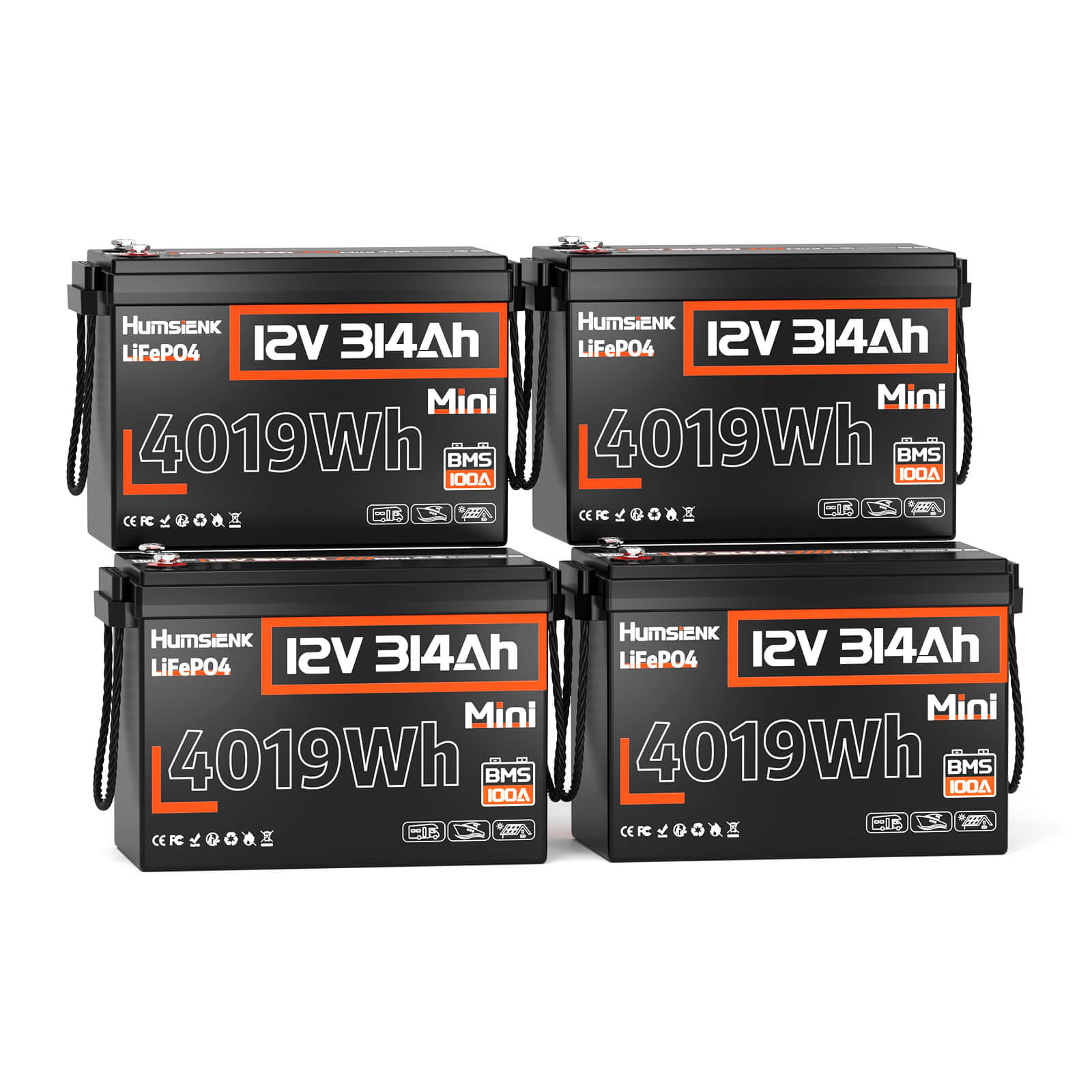 4 units Humsienk 12V 314Ah Mini LiFePO4 Lithium Battery 100A BMS