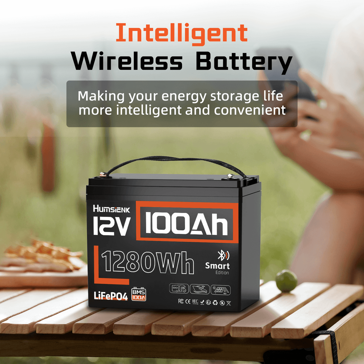 Humsienk 12V 100Ah LiFePO4 Battery with Bluetooth 5.0, Smart