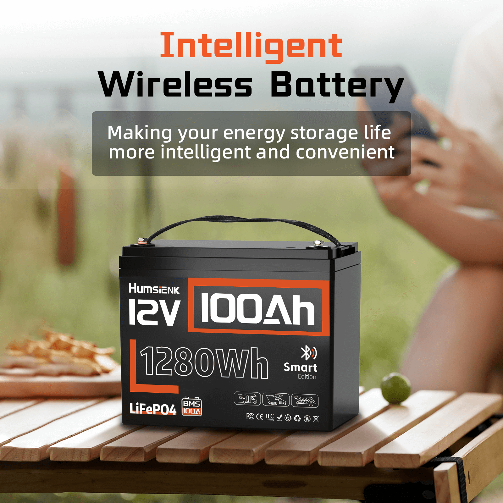 Humsienk 12V 100Ah Bluetooth LiFePO4 Battery Bluetooth Monitoring