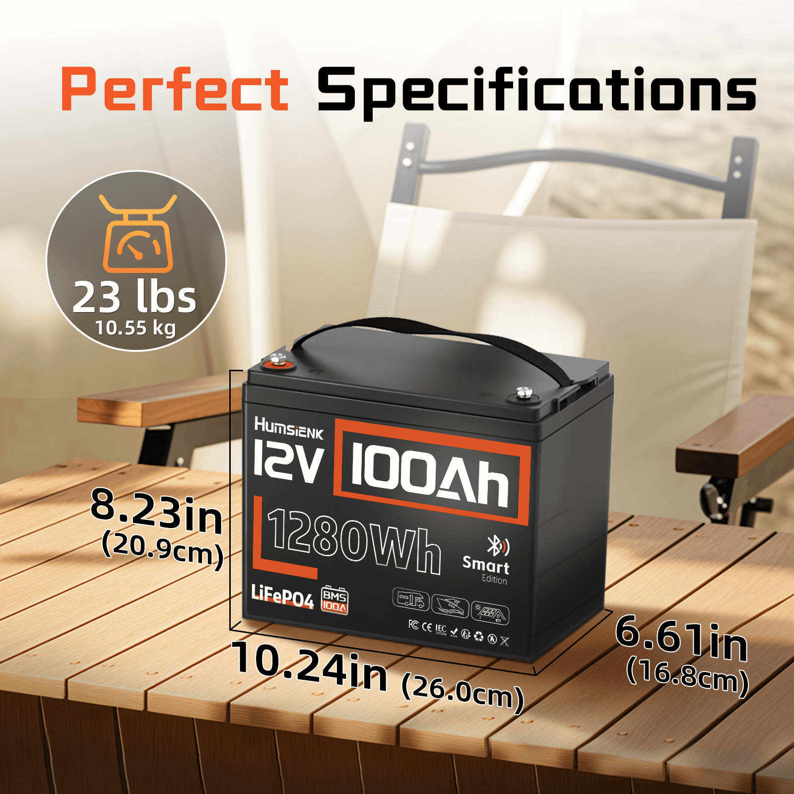 Humsienk 12V 100Ah Bluetooth LiFePO4 Battery Group 24 Size and Weight