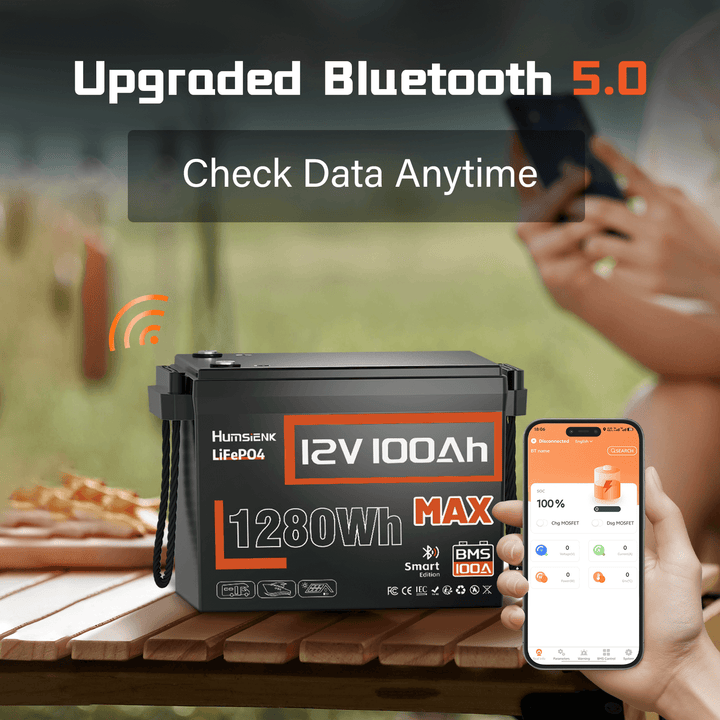 Humsienk 12V 100Ah MAX Bluetooth LiFePO4 Battery Bluetooth Function