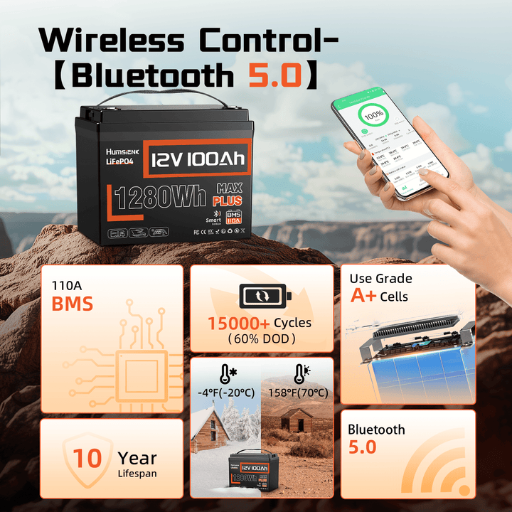 Humsienk 12V 100Ah MAX PLUS Bluetooth Battery Wireless Control Comprehensive Protection