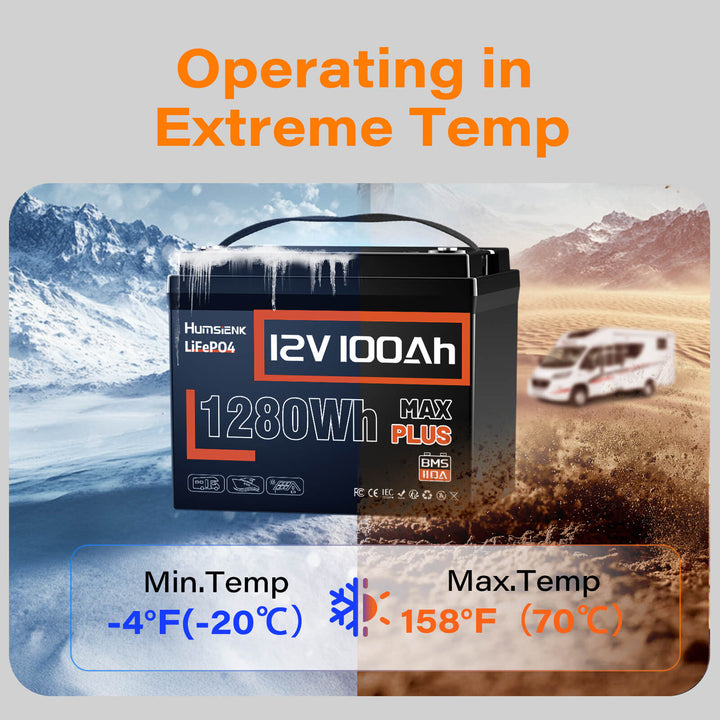 Humsienk 12V 100Ah MAX PLUS LiFePO4 Battery Extreme Temp Protection