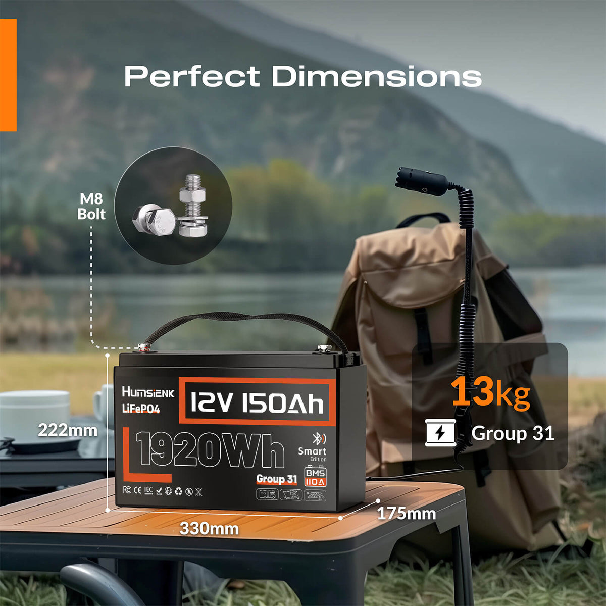 Humsienk 12V 150Ah Bluetooth LiFePO4 Size and Weight