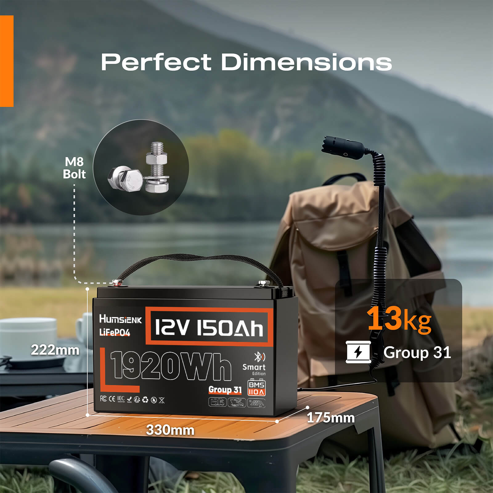 Humsienk 12V 150Ah Bluetooth LiFePO4 Size and Weight