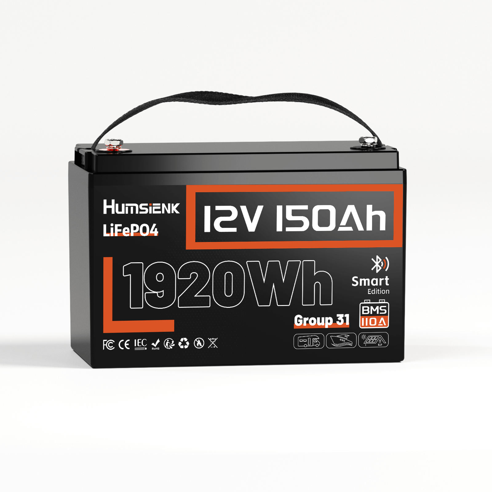 Humsienk 12V 150Ah LiFePO4 Bluetooth Battery 110A BMS