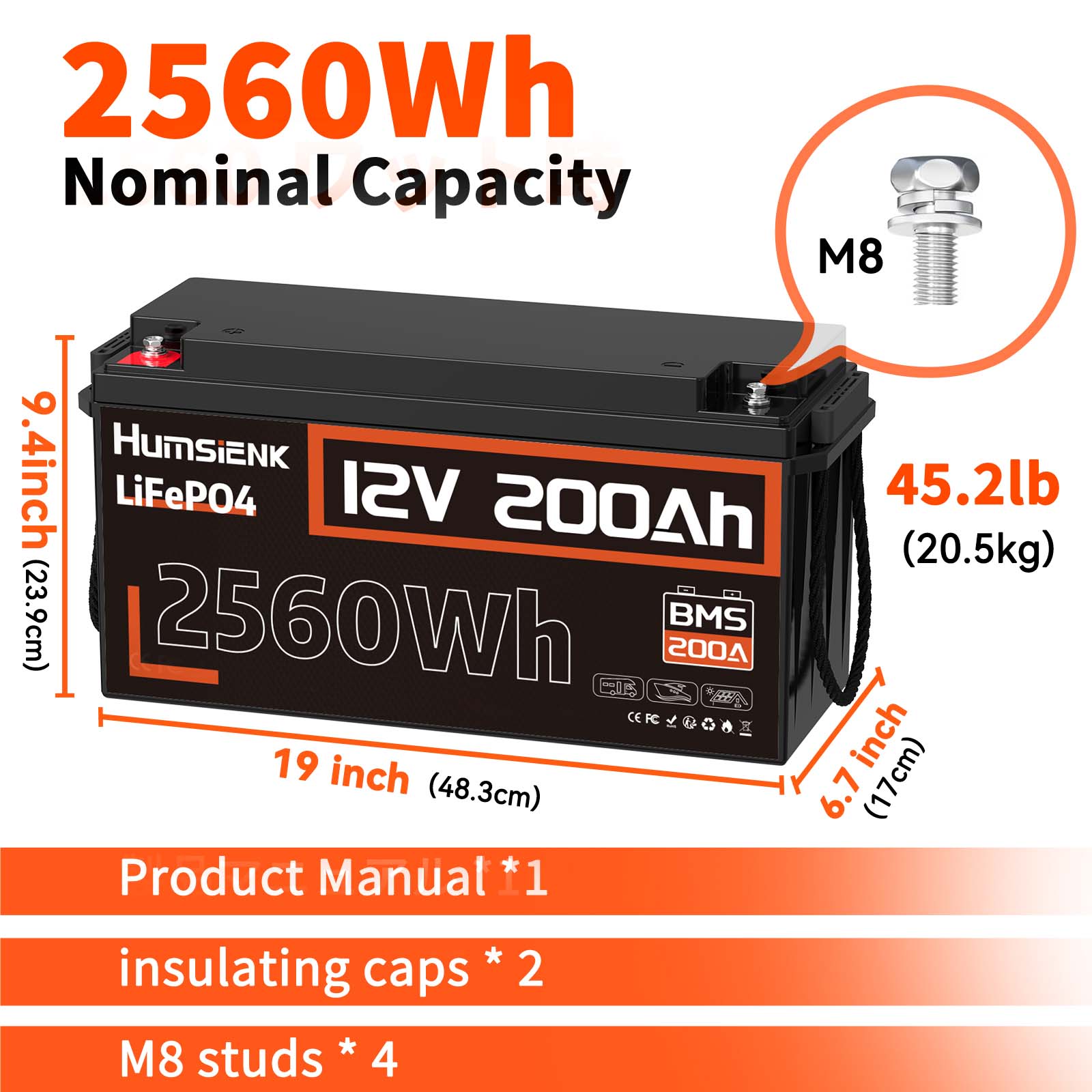 Humsienk 12V 200Ah LiFePO4 Battery Size Weight and Packing list