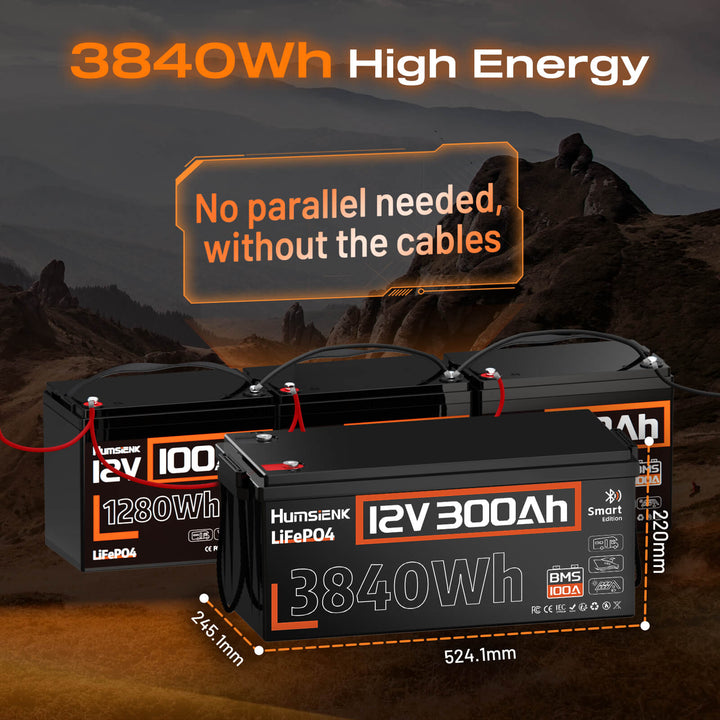 Humsienk 12V 300Ah LiFePO4 Bluetooth Battery 3840Wh Power No Parallel
