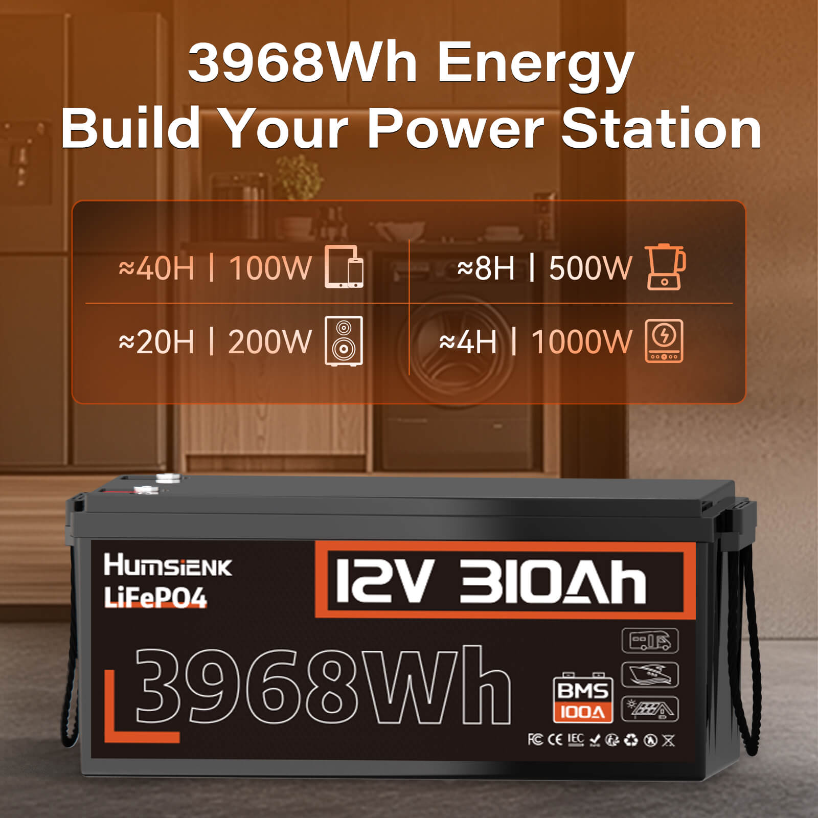 Humsienk 12V 310Ah LiFePO4 Battery 100A with 3968Wh Energy