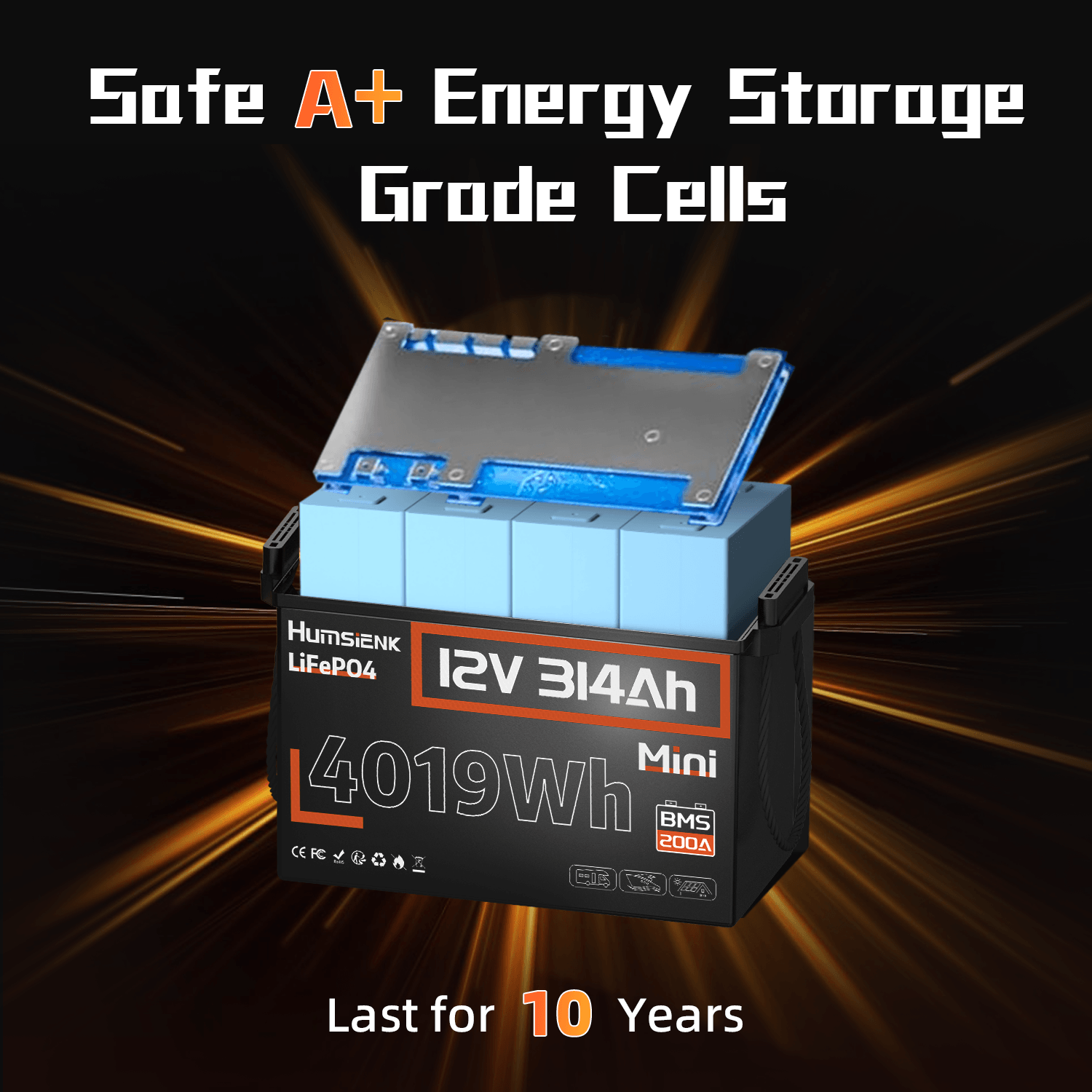 Humsienk_12V_314Ah_200A_BMS_LiFePO4_Battery_with_A_grade_cells