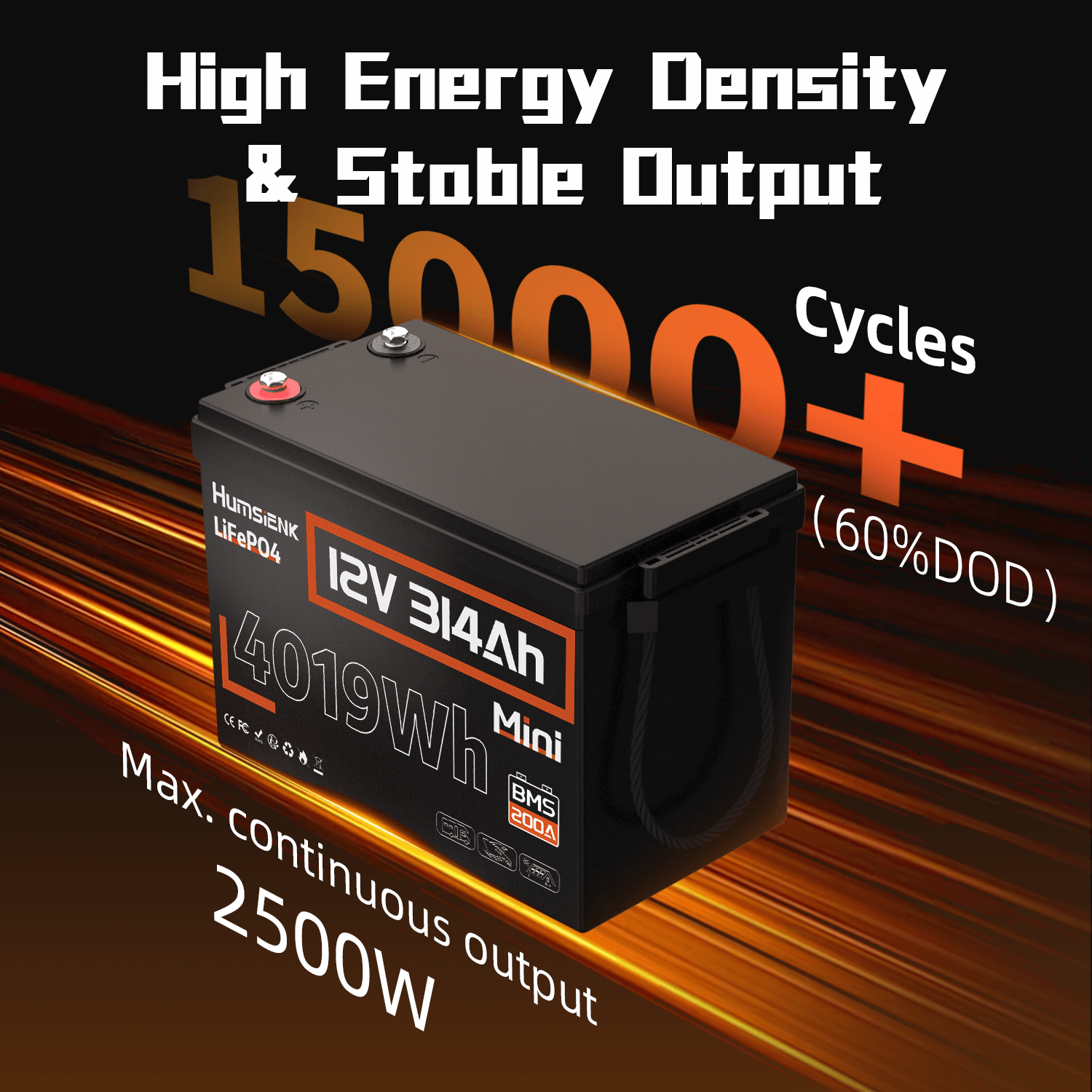 Humsienk_12V_314Ah_200A_BMS_LiFePO4_Battery_with_max_2500W_output