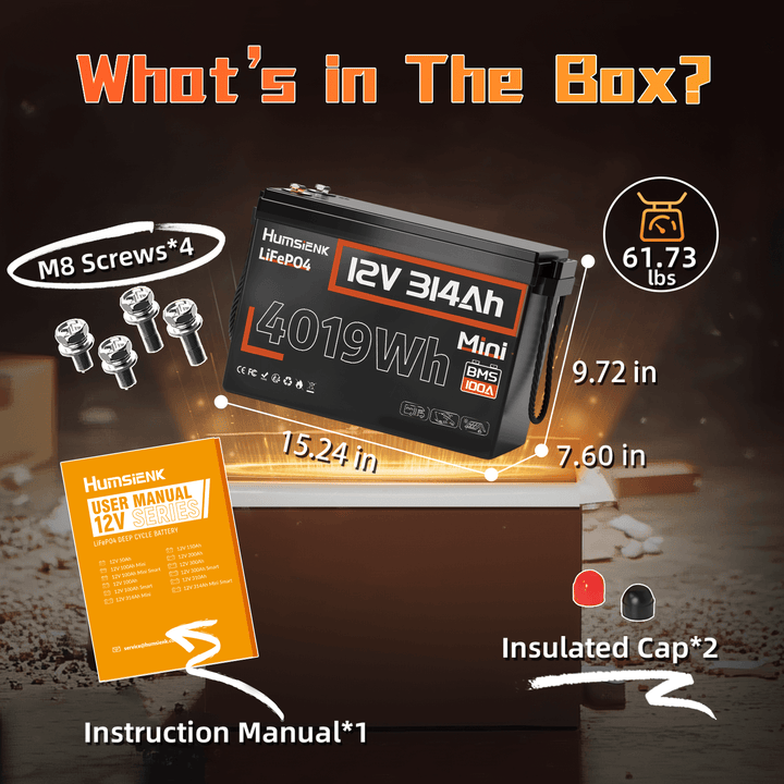 Humsienk 12V 314Ah Mini LiFePO4 Battery 100A BMS Packing List