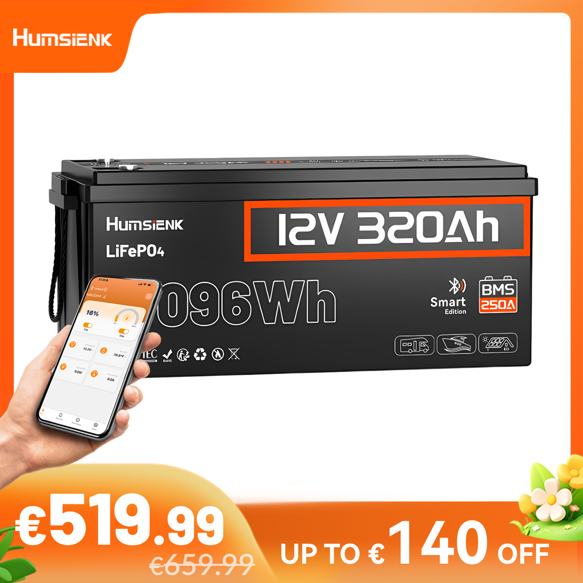 Humsienk 12V 320Ah Deep Cycle High Capacity Battery_, Built-in 250A BMS and Bluetooth 5.0