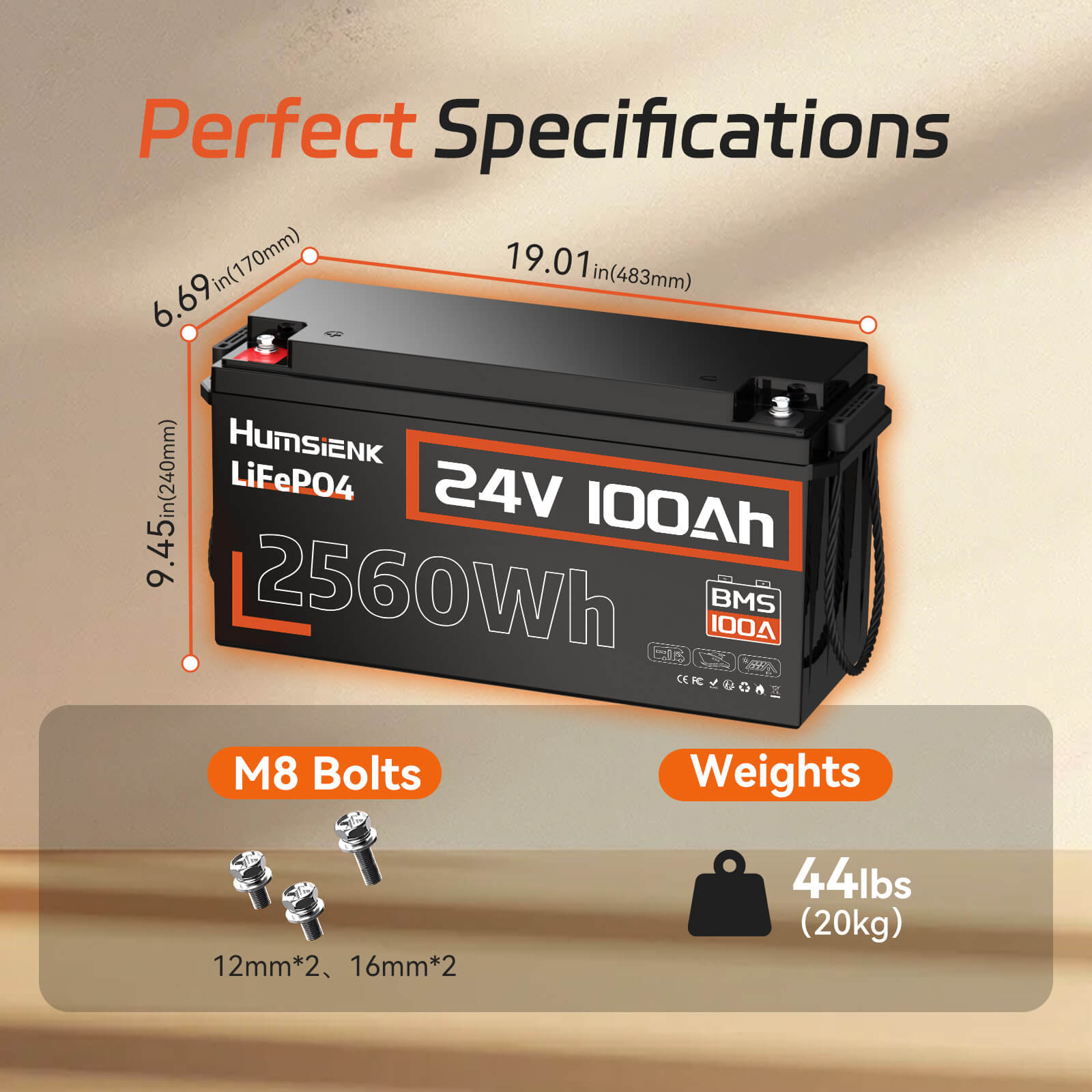 Humsienk 24V 100Ah LiFePO4 Battery size and weight