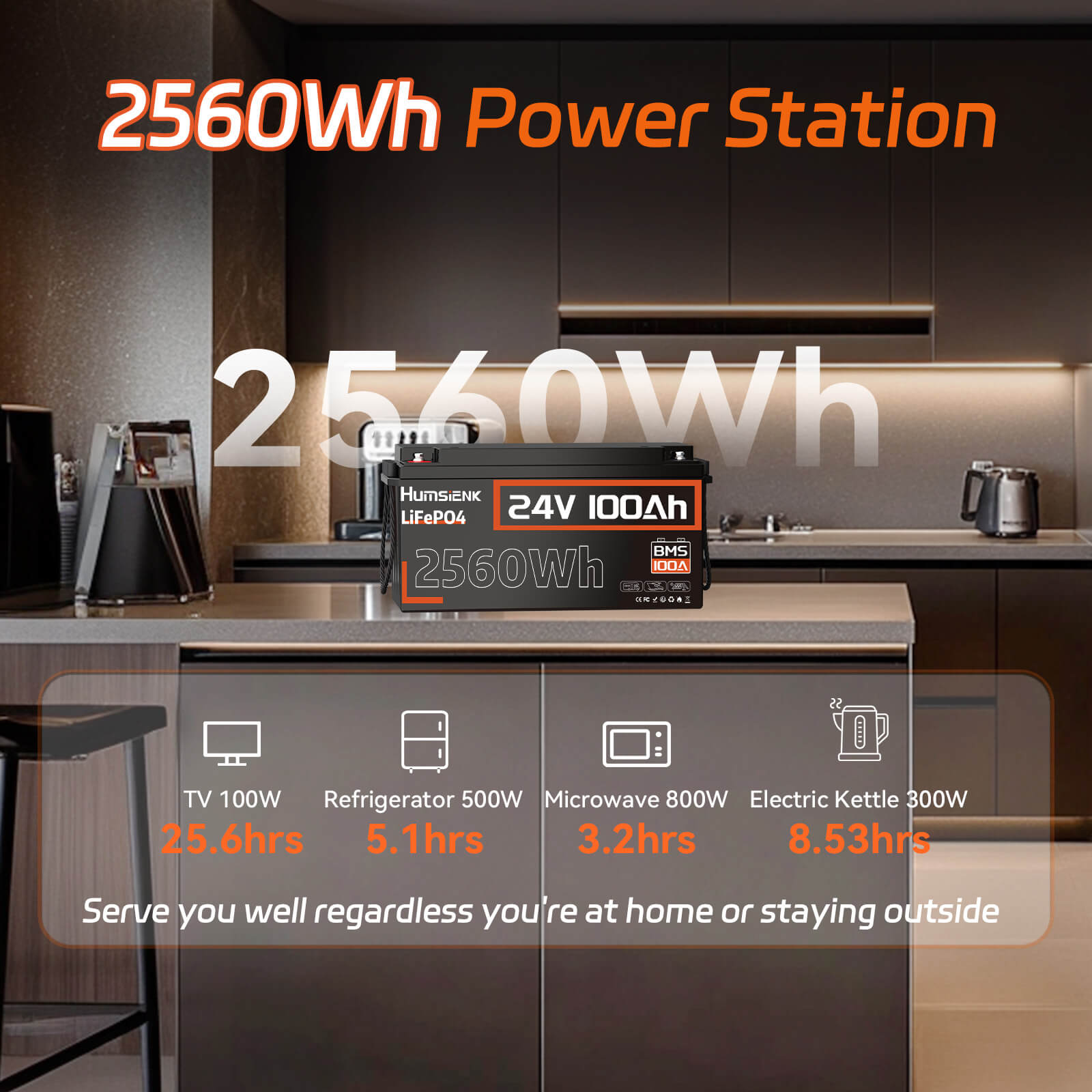 Humsienk 24V 100Ah LiFePO4 Battery with 2560W output power