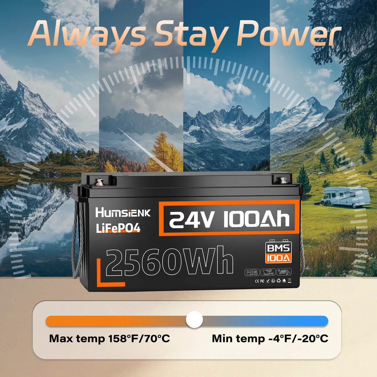 Humsienk 24V 100Ah LiFePO4 Battery with wide working temperature