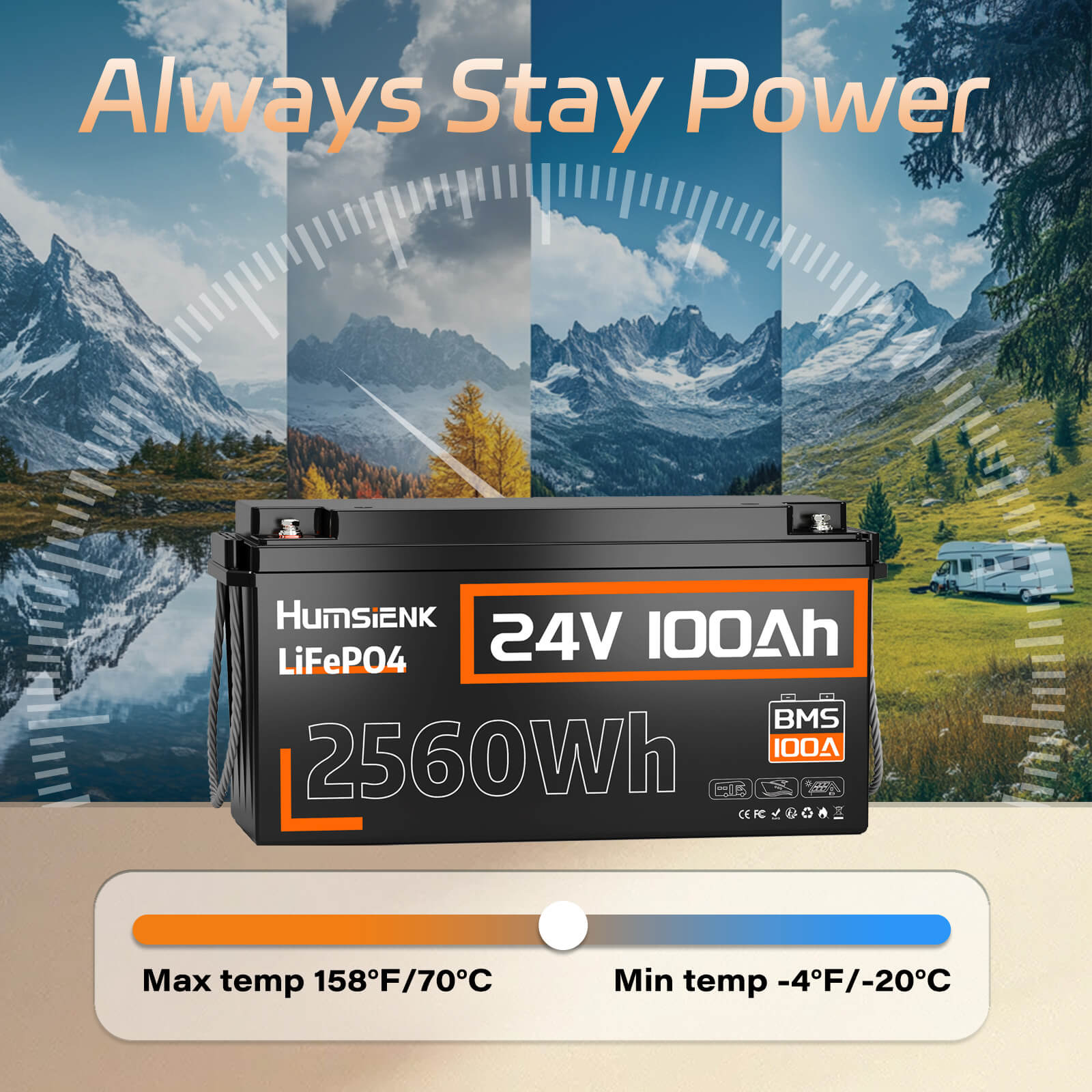 Humsienk 24V 100Ah LiFePO4 Battery with wide working temperature