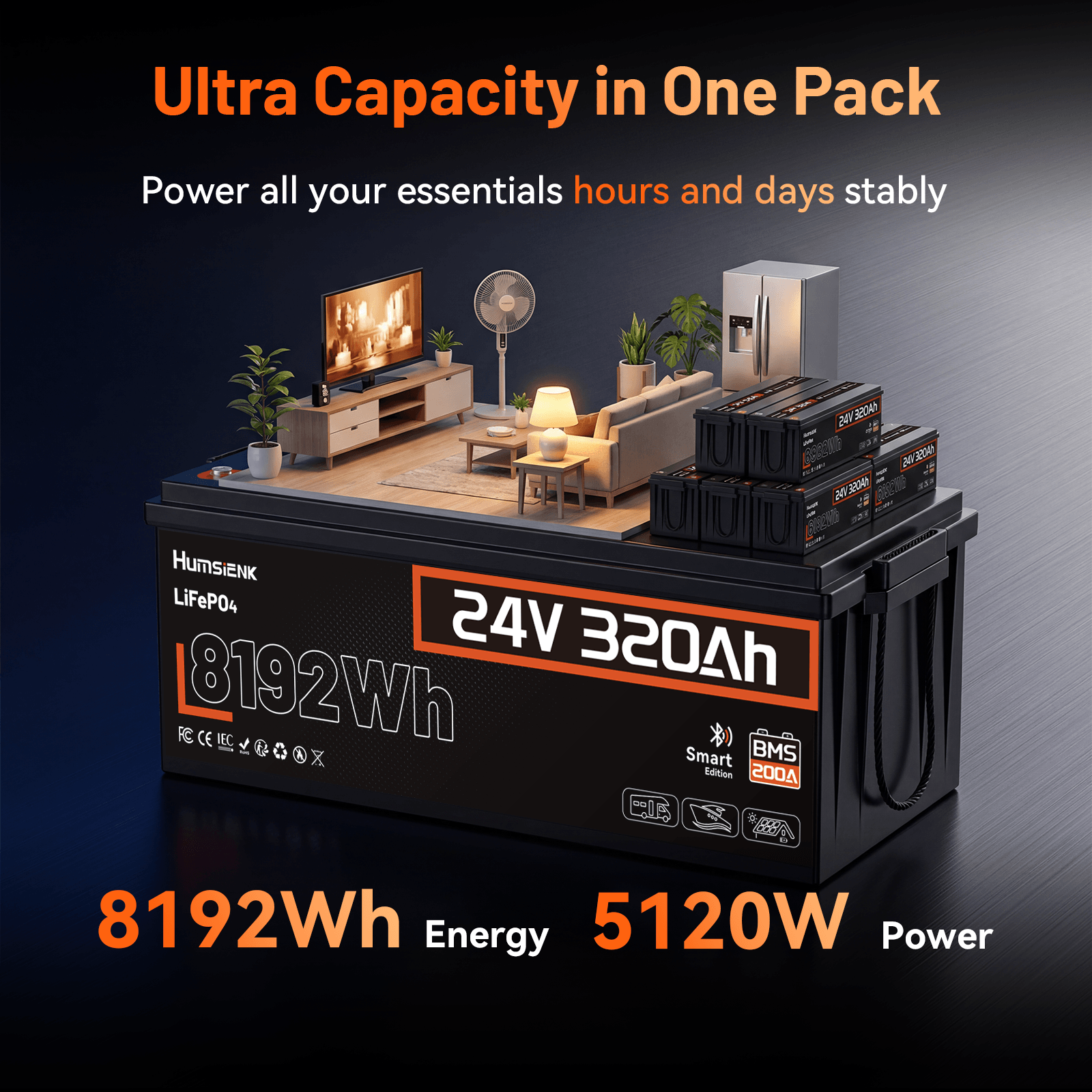 Humsienk_24V_320Ah_LiFePO4_Battery_with_8192Wh_energy_and_5120W_power