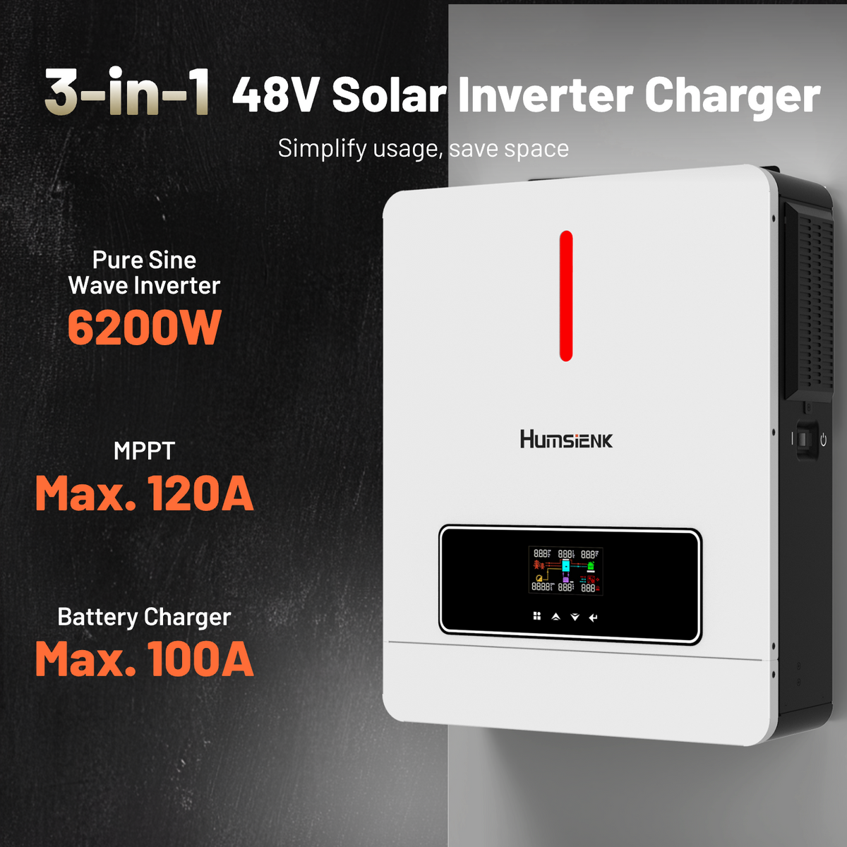 Humsienk_48V6.2KW_inverter_MPPT_120A_solar_input_and_100A_battery_charging